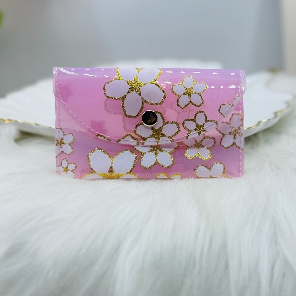 Gold Glitter Floral Pink Card Case Wallet